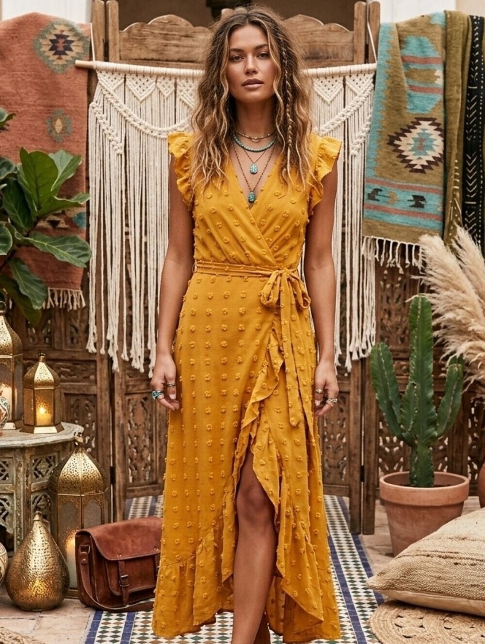 BTFBM Mustard Yellow Swiss Dot Ruffle Sleeve Wrap Maxi Dress